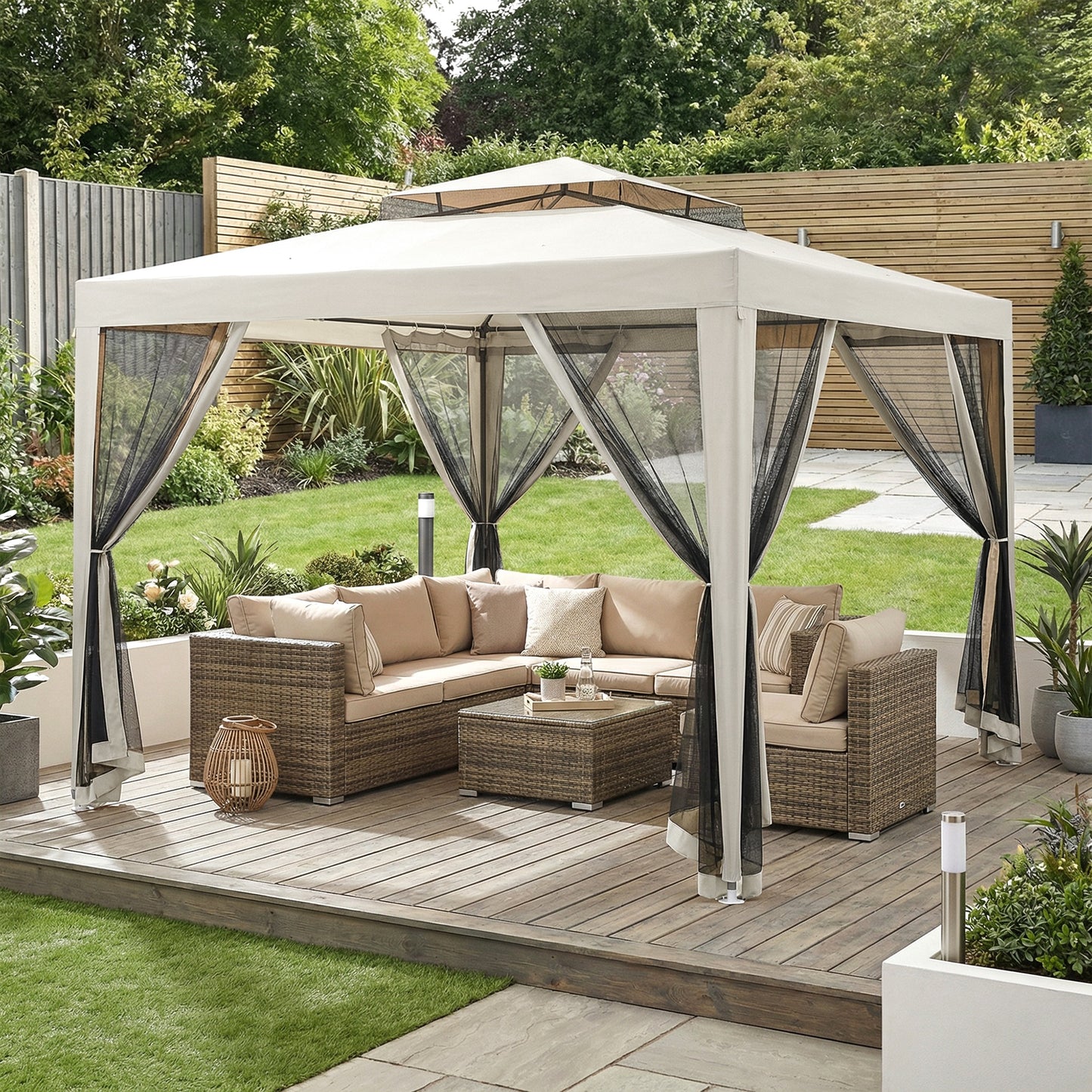 3 x 3 m Gazebo, Netting Party Tent w/ Double Tier Roof, Cream White