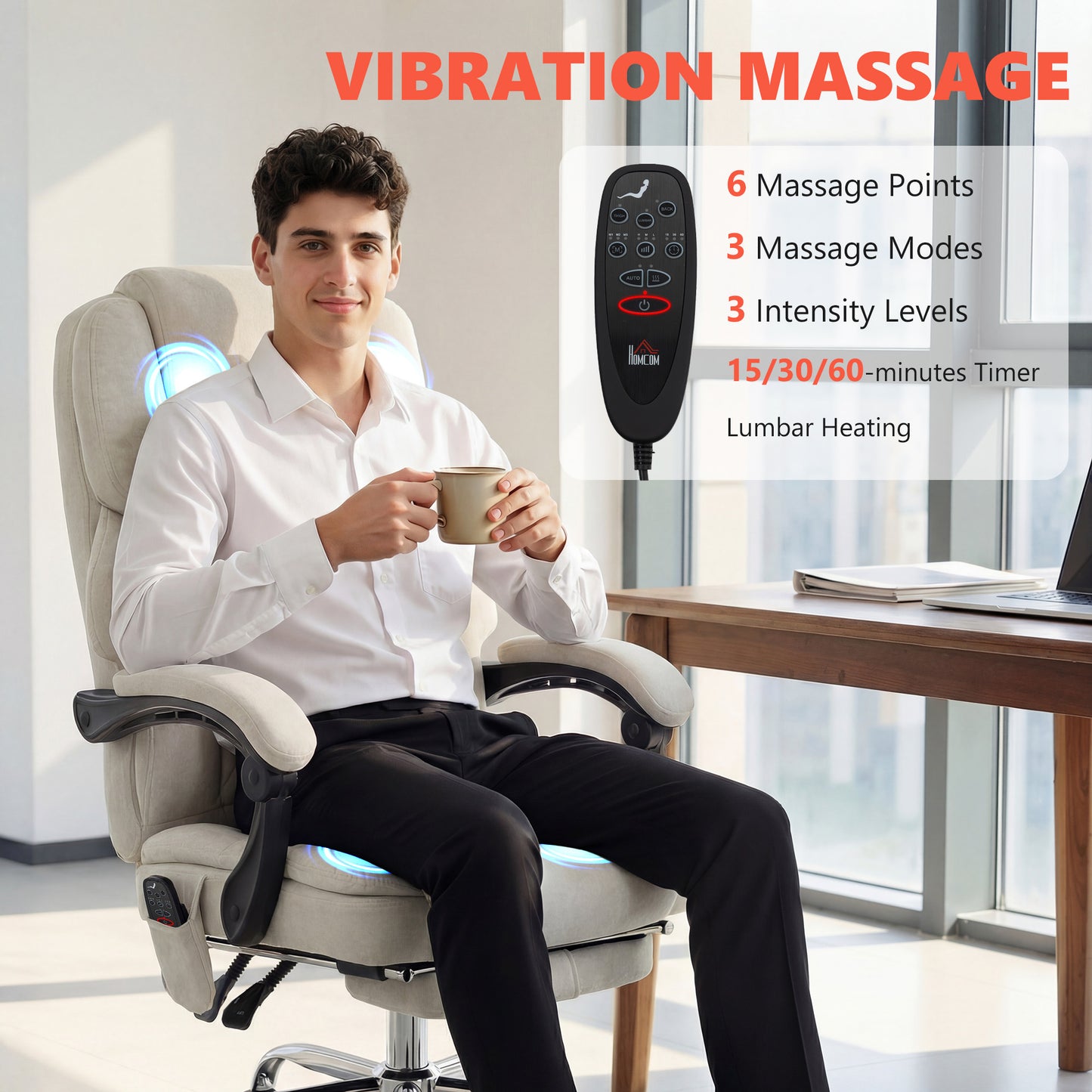 Massage Office Chair with Heat, 135° Reclining Desk Chair, Cream