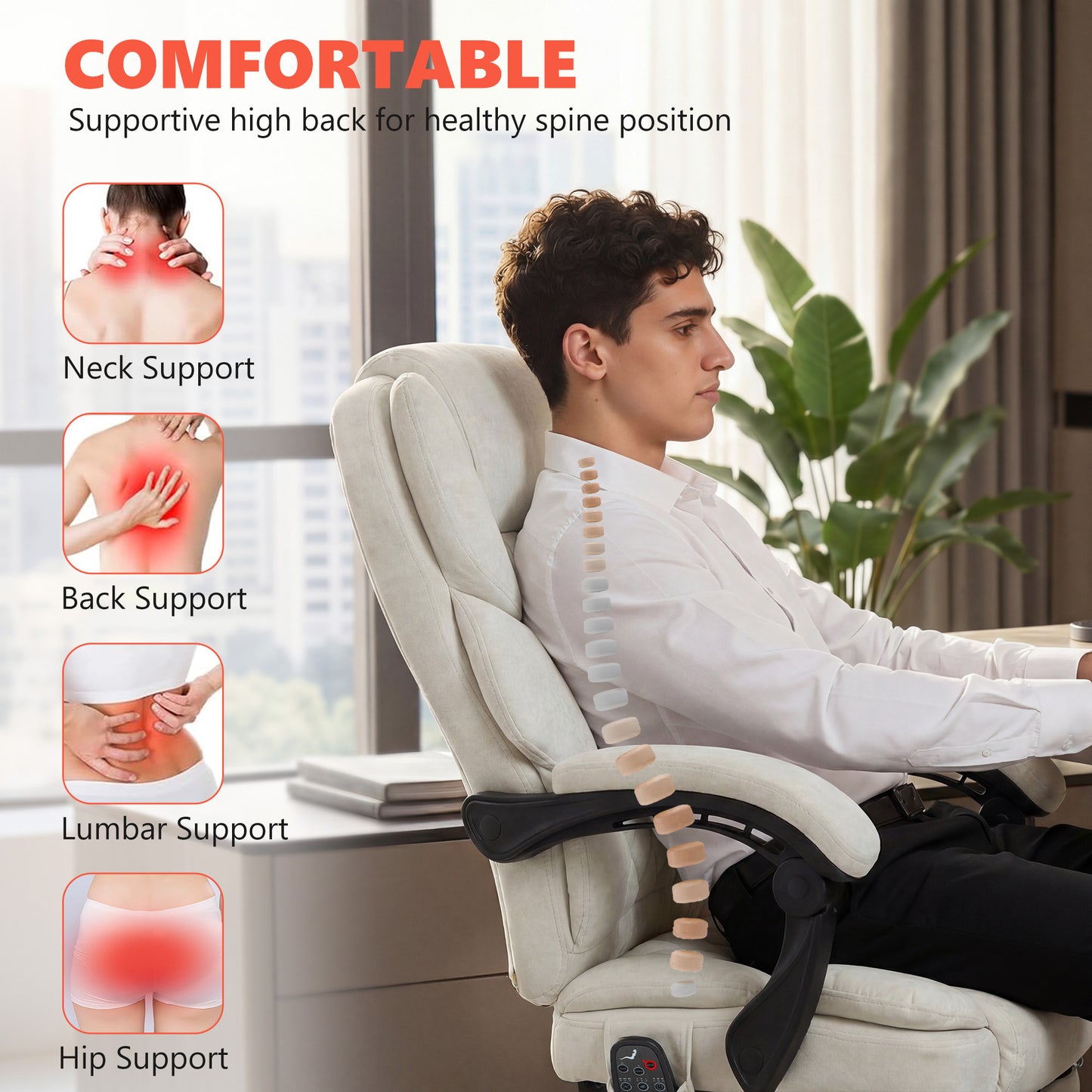 Massage Office Chair with Heat, 135° Reclining Desk Chair, Cream