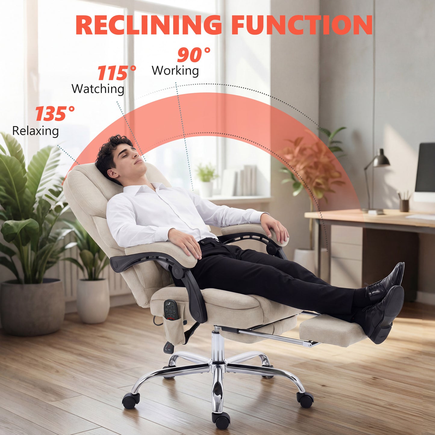 Massage Office Chair with Heat, 135° Reclining Desk Chair, Cream