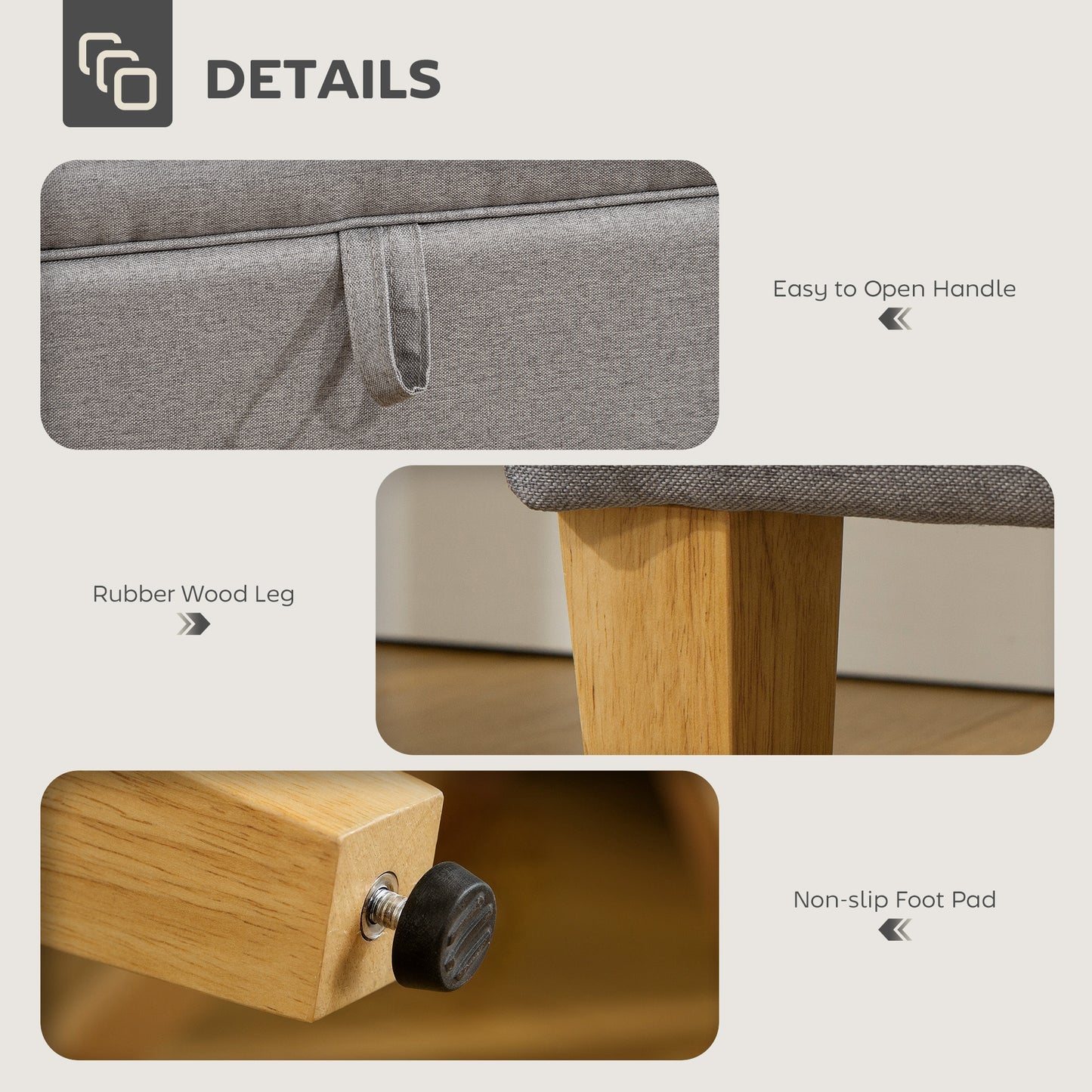 Linen Storage Ottoman Storage Box with Rubberwood Legs, Light Grey