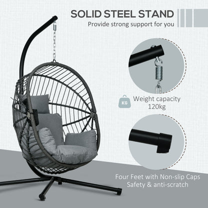 Outdoor Swing Chair with Thick Padded Cushion, Patio Hanging Chair with Metal Stand, Foldable Basket, Cup Holder, Rope Structure