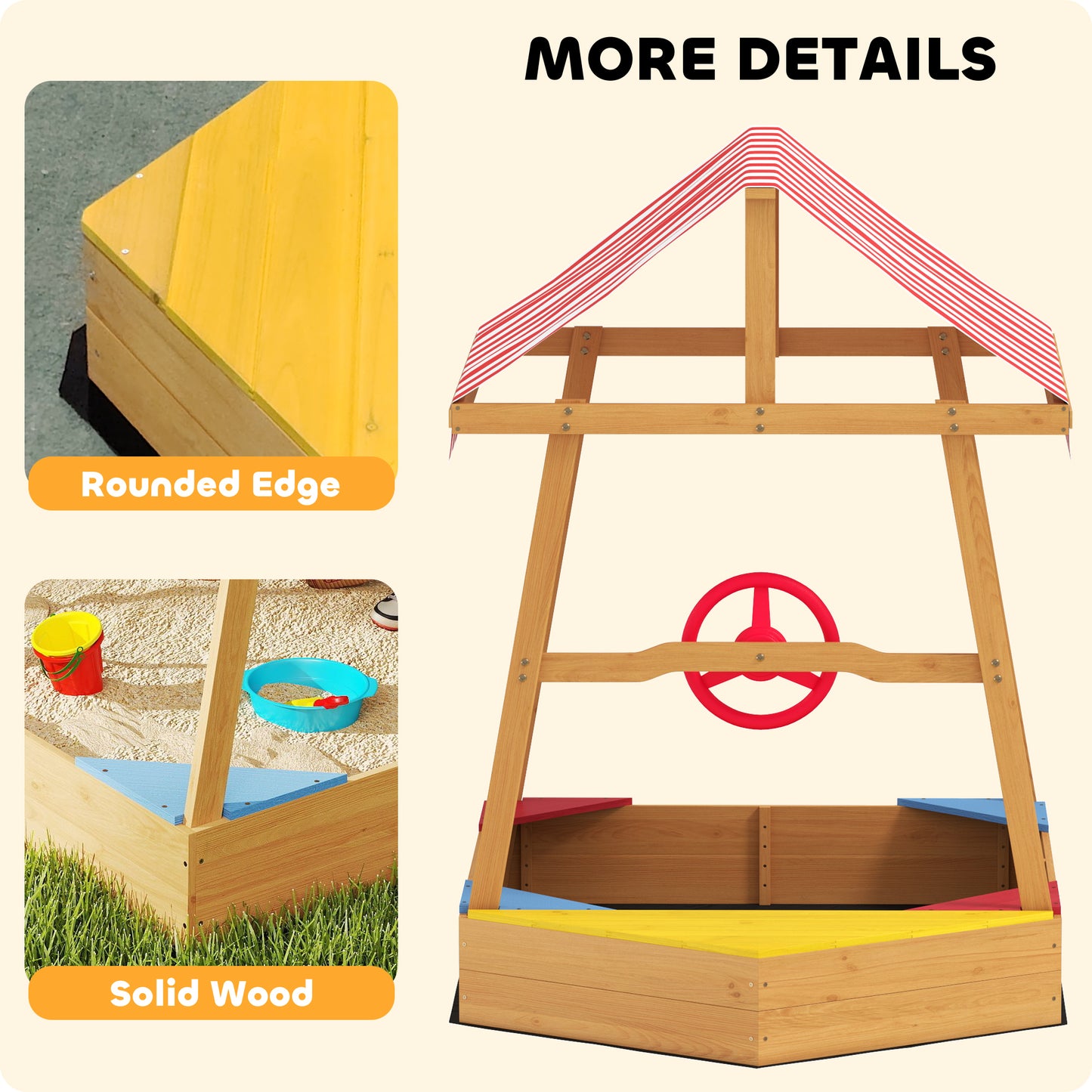 Wooden Kids Sandpit Boat Style with Canopy, 4 Seats, Rudder, Bottom Liner, for Children 3-8 Years, Yellow