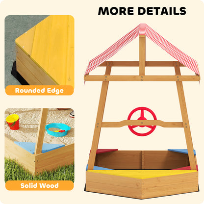 Wooden Kids Sandpit Boat Style with Canopy, 4 Seats, Rudder, Bottom Liner, for Children 3-8 Years, Yellow