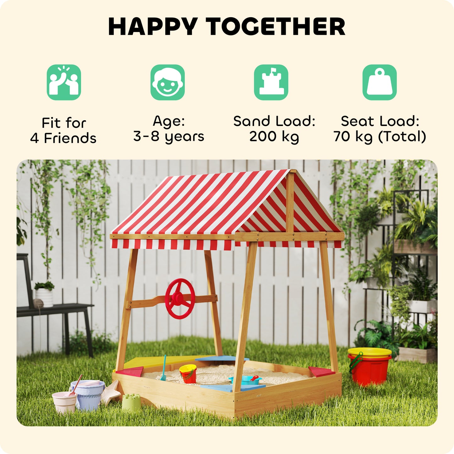Wooden Kids Sandpit Boat Style with Canopy, 4 Seats, Rudder, Bottom Liner, for Children 3-8 Years, Yellow