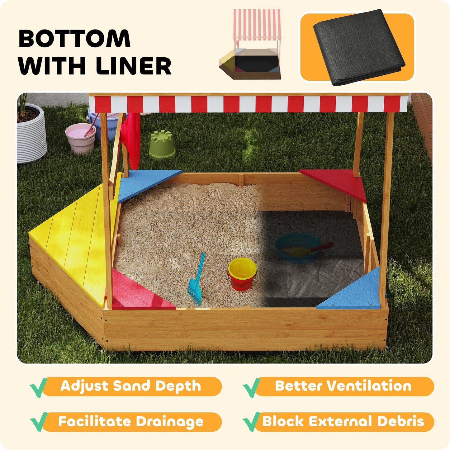 Wooden Kids Sandpit Boat Style with Canopy, 4 Seats, Rudder, Bottom Liner, for Children 3-8 Years, Yellow