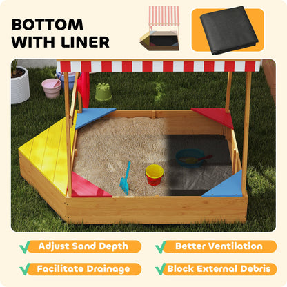 Wooden Kids Sandpit Boat Style with Canopy, 4 Seats, Rudder, Bottom Liner, for Children 3-8 Years, Yellow