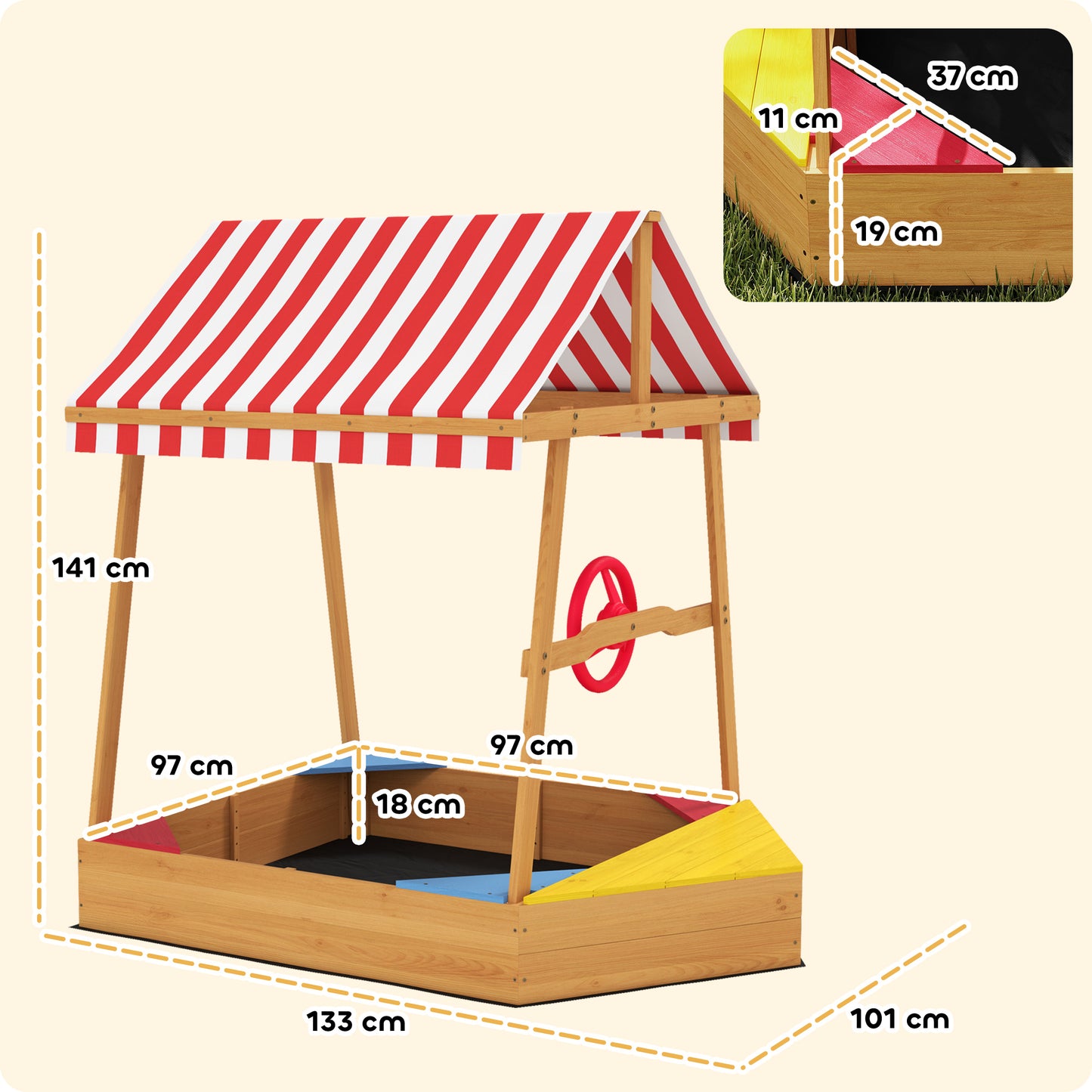 Wooden Kids Sandpit Boat Style with Canopy, 4 Seats, Rudder, Bottom Liner, for Children 3-8 Years, Yellow