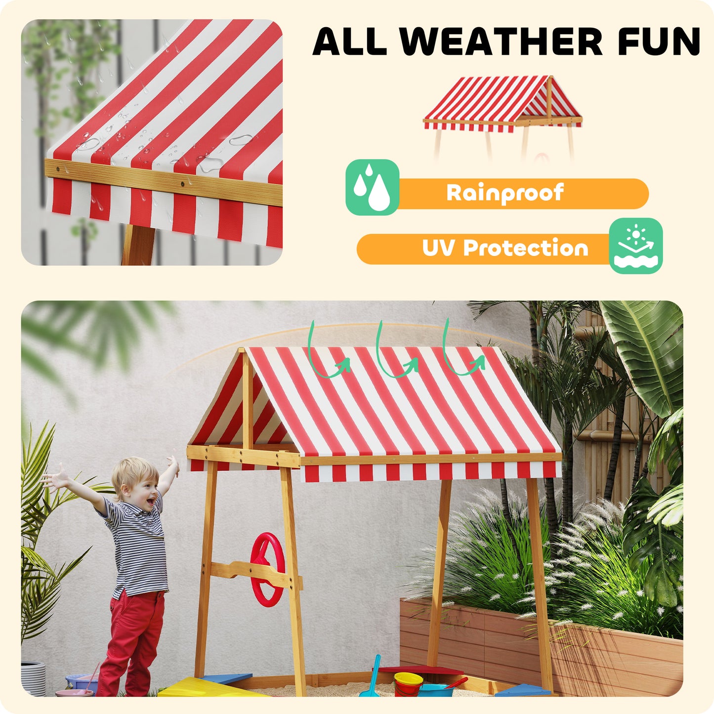 Wooden Kids Sandpit Boat Style with Canopy, 4 Seats, Rudder, Bottom Liner, for Children 3-8 Years, Yellow