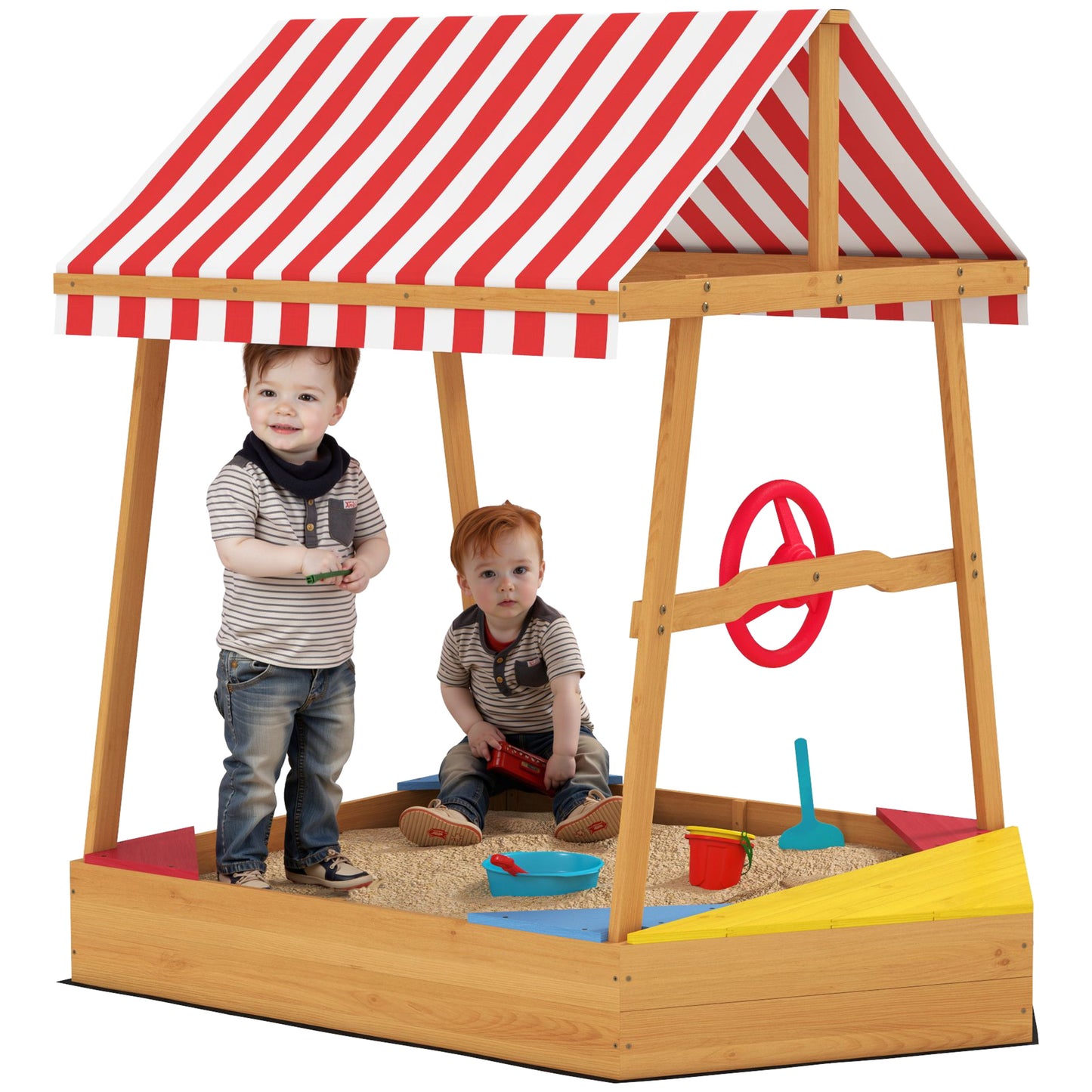 Wooden Kids Sandpit Boat Style with Canopy, 4 Seats, Rudder, Bottom Liner, for Children 3-8 Years, Yellow