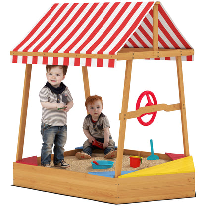 Wooden Kids Sandpit Boat Style with Canopy, 4 Seats, Rudder, Bottom Liner, for Children 3-8 Years, Yellow