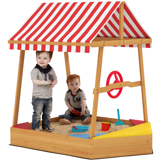 Wooden Kids Sandpit Boat Style with Canopy, 4 Seats, Rudder, Bottom Liner, for Children 3-8 Years, Yellow