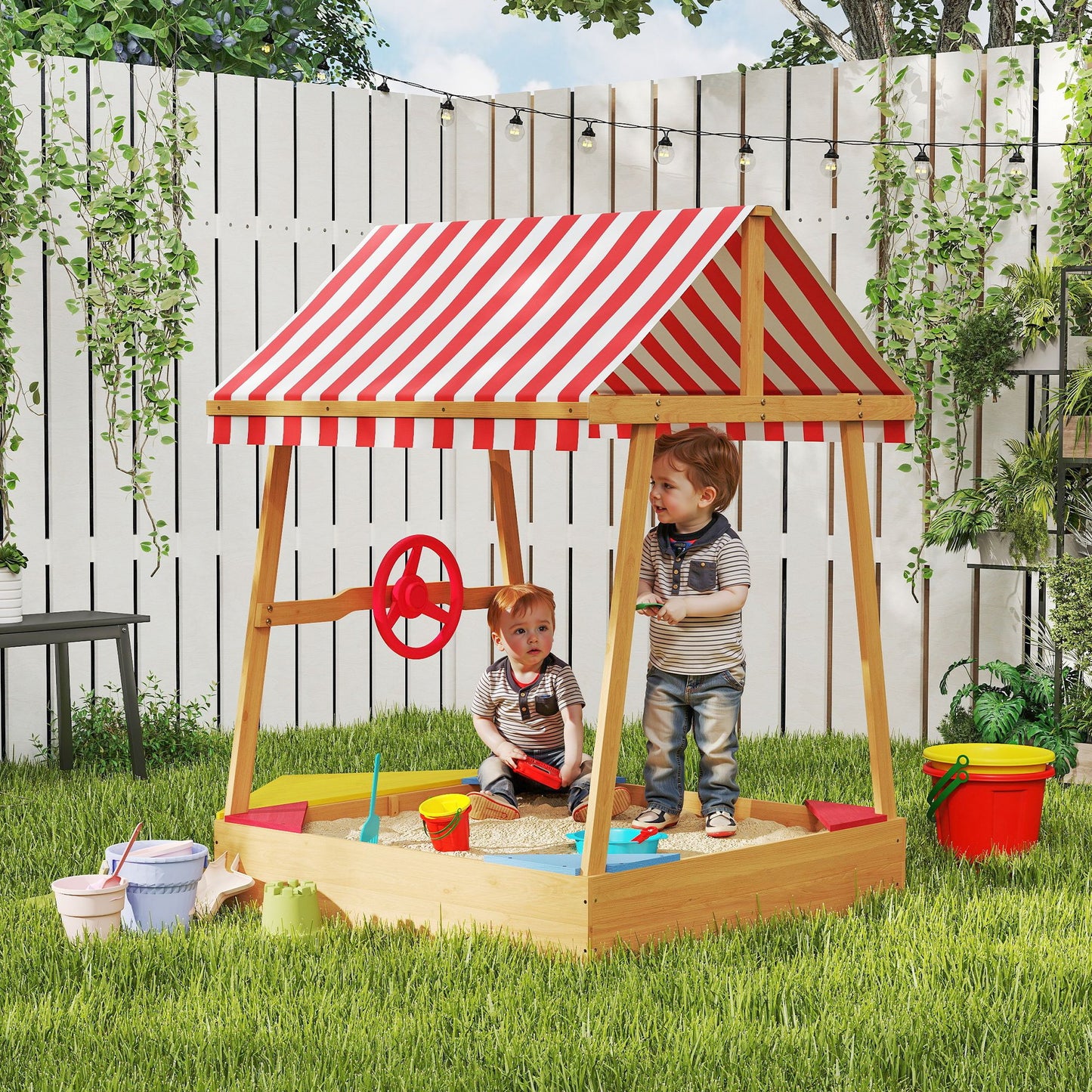 Wooden Kids Sandpit Boat Style with Canopy, 4 Seats, Rudder, Bottom Liner, for Children 3-8 Years, Yellow