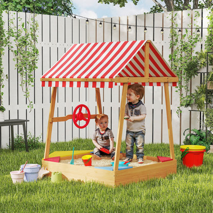 Wooden Kids Sandpit Boat Style with Canopy, 4 Seats, Rudder, Bottom Liner, for Children 3-8 Years, Yellow