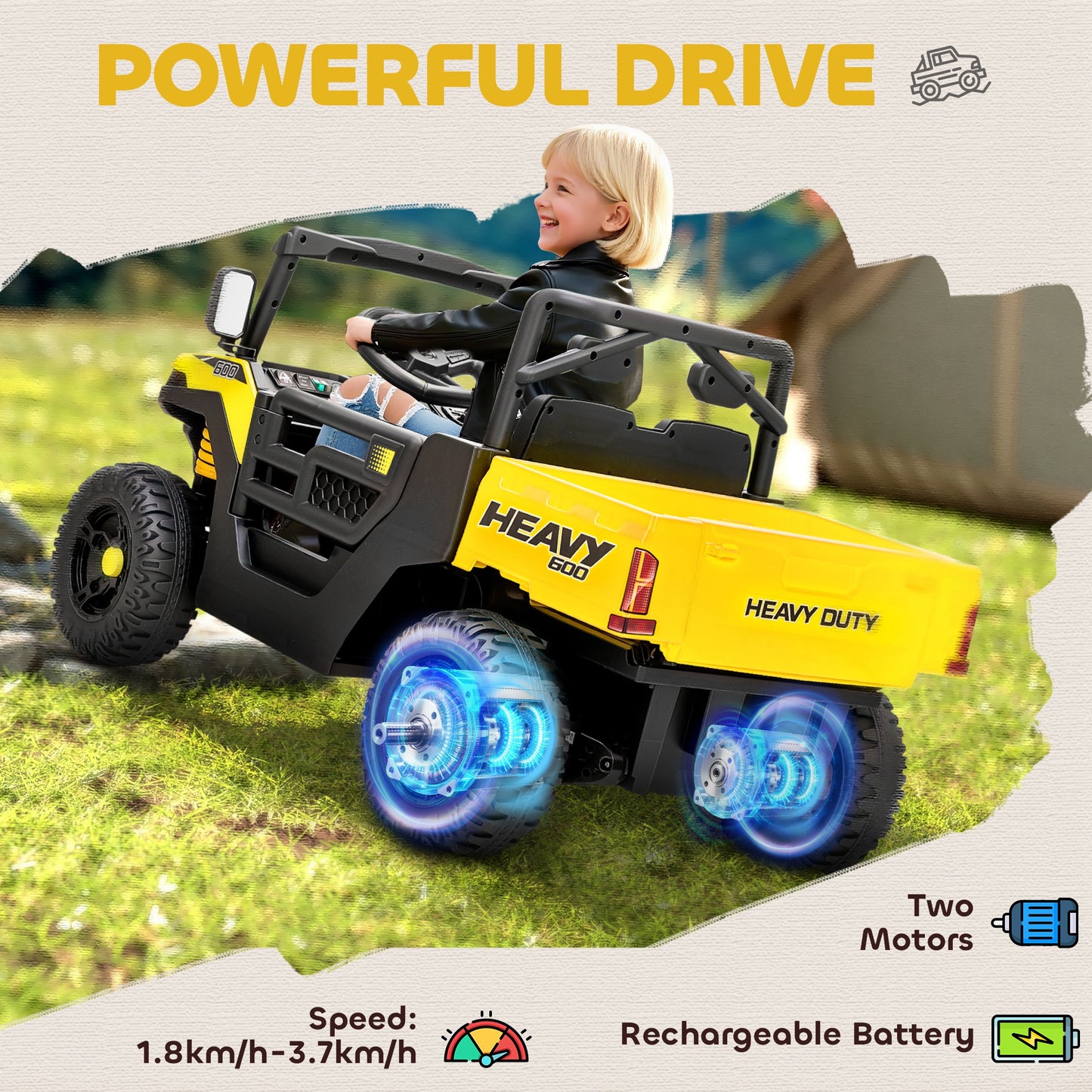 12V Kids Ride on Car, Kids UTV with Electric Dump Bed, Yellow