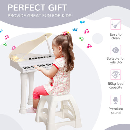 32 Keys Kids Piano Keyboard with Stool, Lights, Microphone, White
