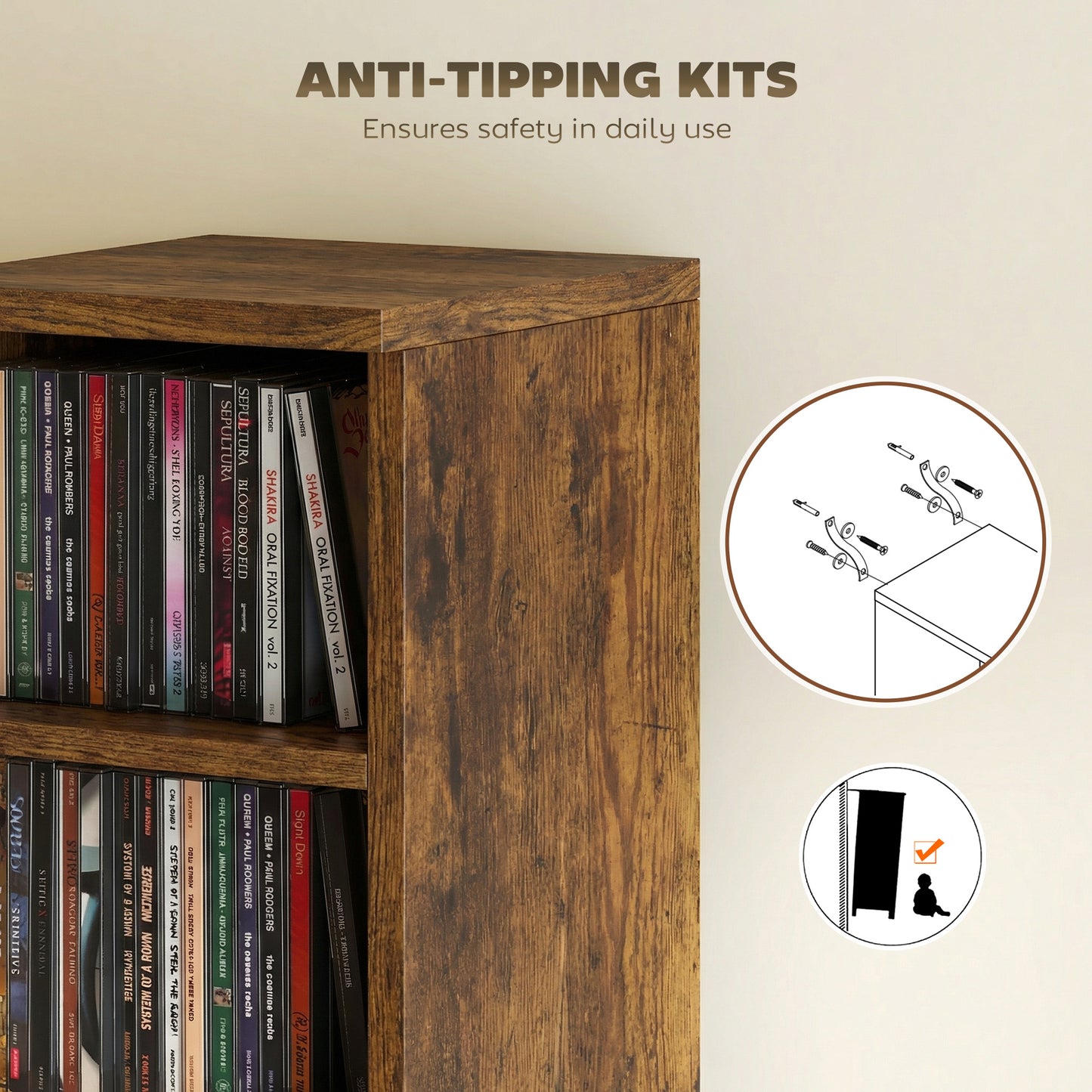 Set of 2 CD Storage Units with Adjustable Shelves, Rustic Brown