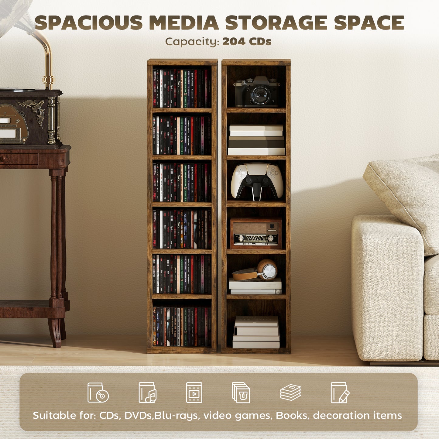 Set of 2 CD Storage Units with Adjustable Shelves, Rustic Brown