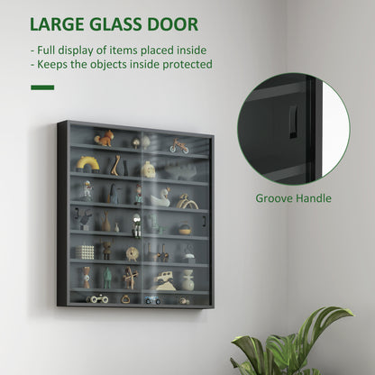 7-Tier Wall Display Cabinet w/ Shelves Glass Doors, Black