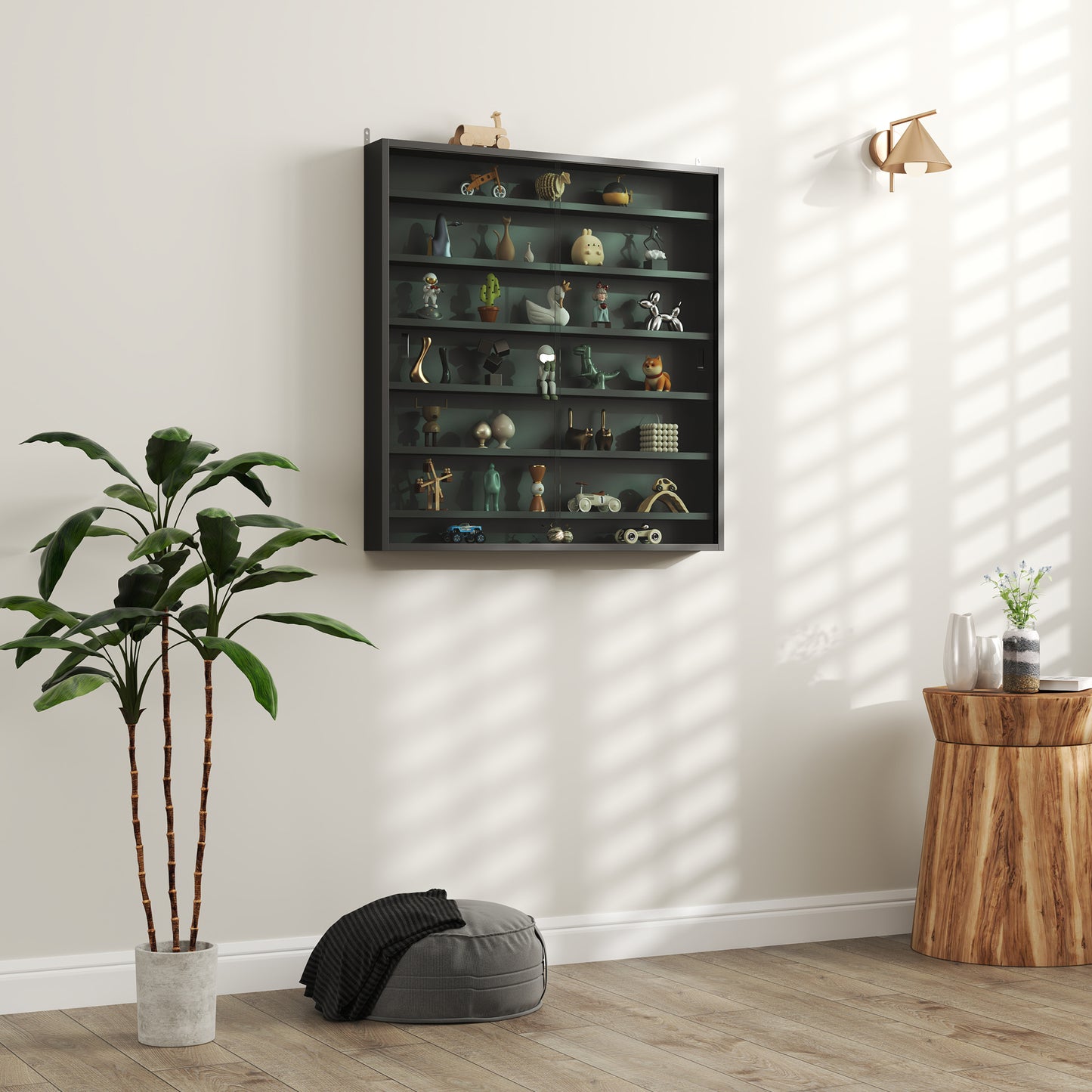 7-Tier Wall Display Cabinet w/ Shelves Glass Doors, Black