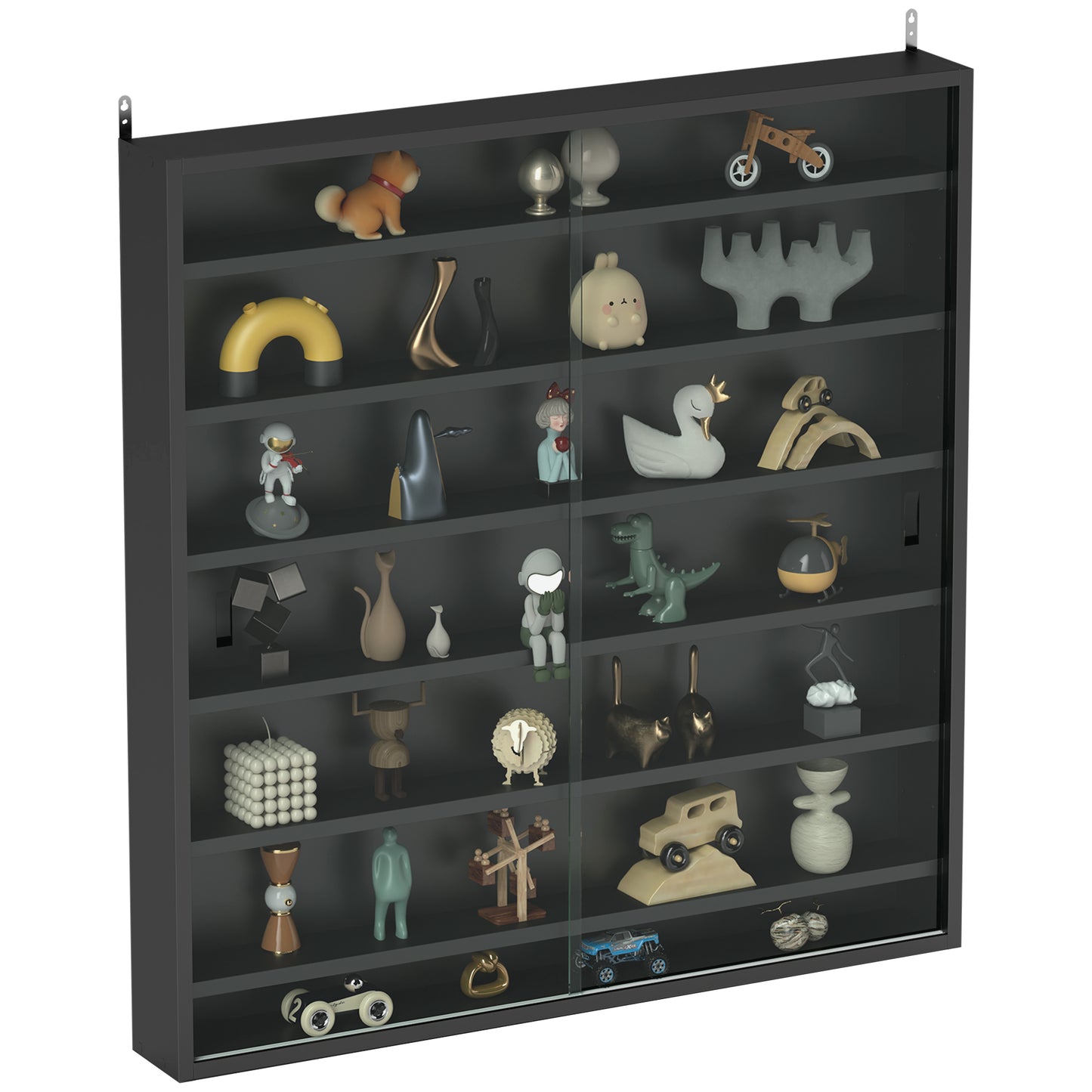 7-Tier Wall Display Cabinet w/ Shelves Glass Doors, Black