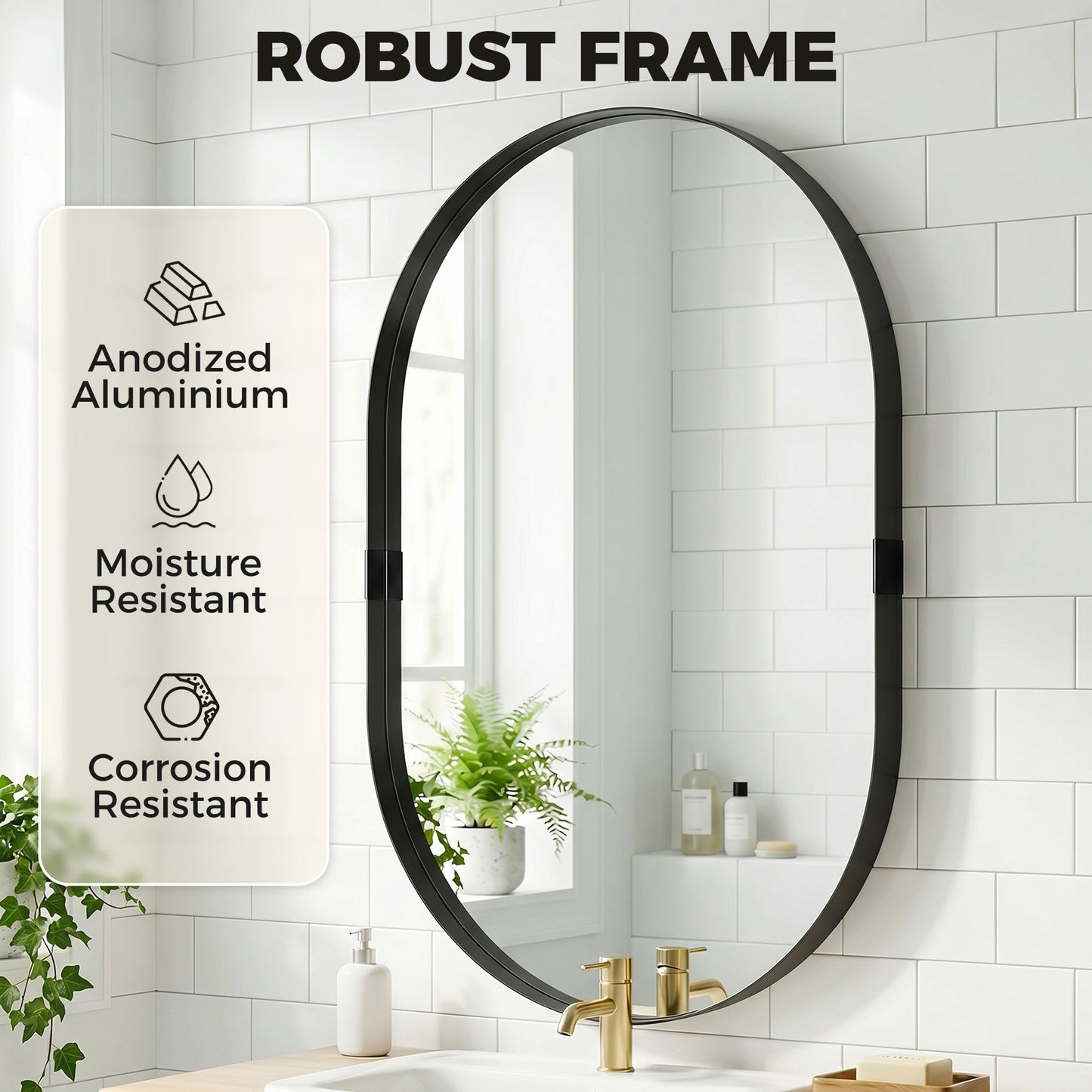 Wall Mirror with Elevated Aluminium Alloy Frame, 60 x 90 cm Bathroom Mirror with Tempered Glass for Living Room, Bedroom, Hallway, Black