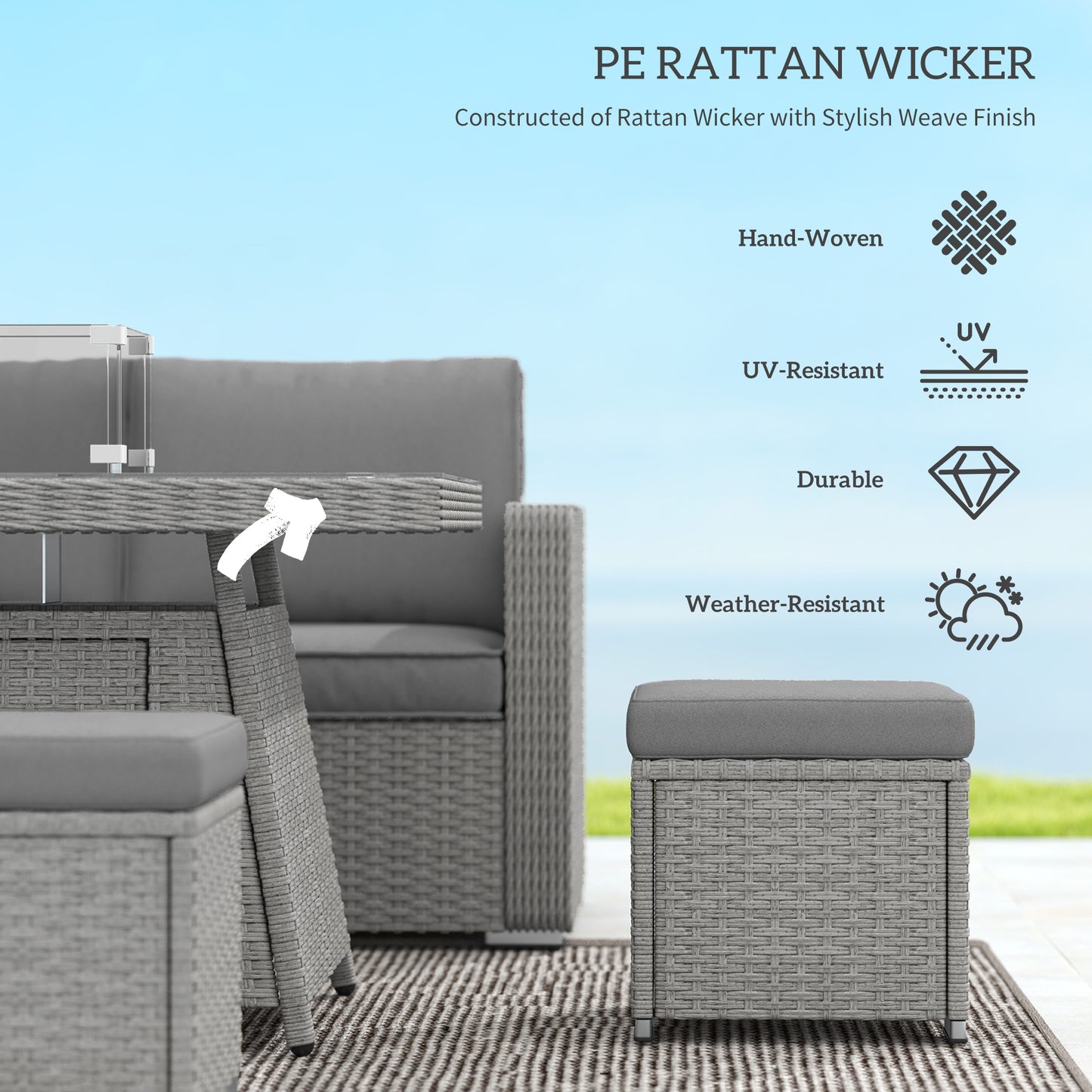 7 Pieces Rattan Garden Furniture Set w/ 50,000 BTU Fire Pit Table