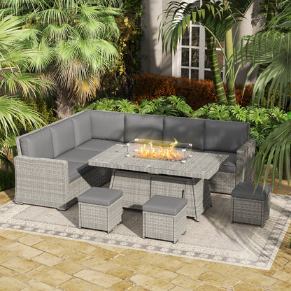 7 Pieces Rattan Garden Furniture Set w/ 50,000 BTU Fire Pit Table