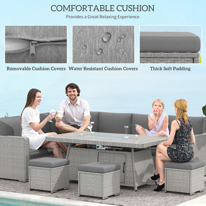 7 Pieces Rattan Garden Furniture Set w/ 50,000 BTU Fire Pit Table