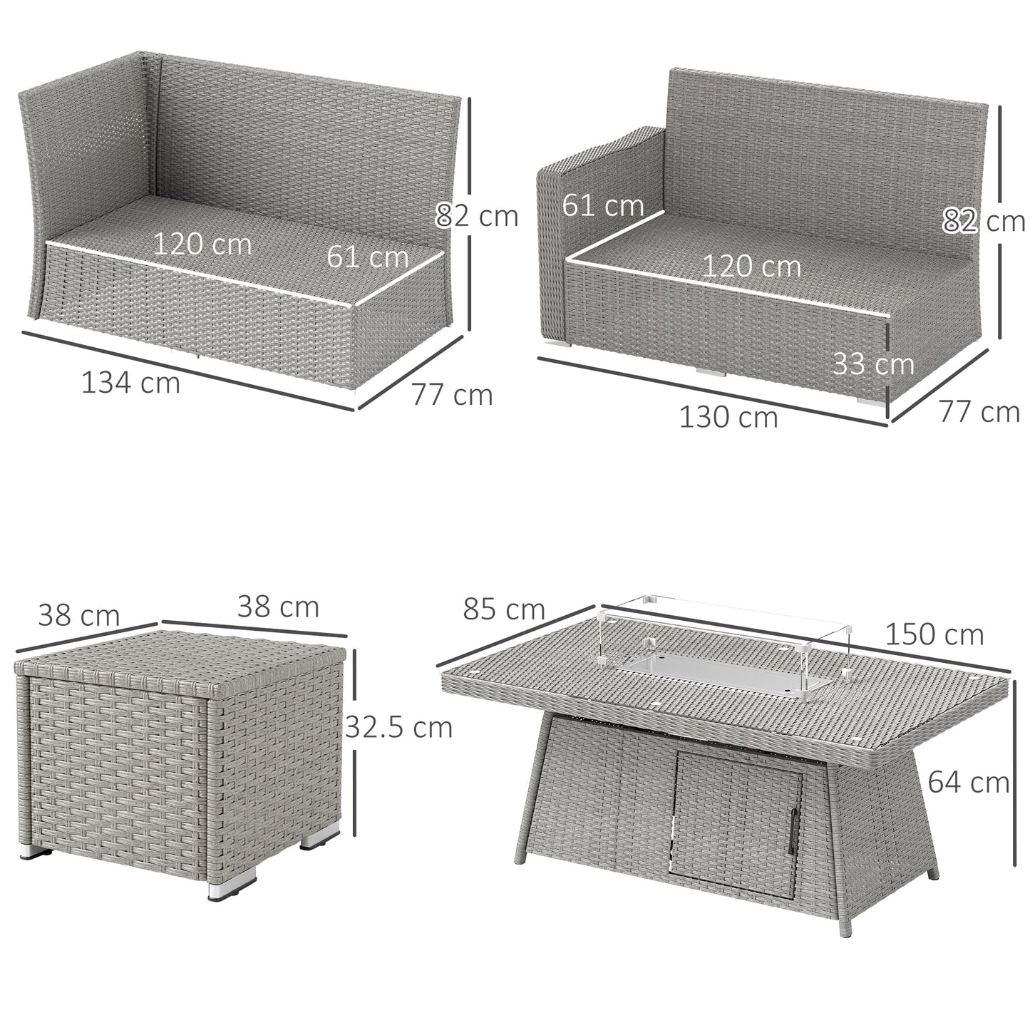 7 Pieces Rattan Garden Furniture Set w/ 50,000 BTU Fire Pit Table