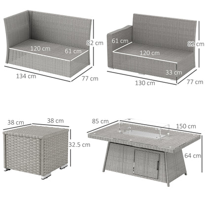 7 Pieces Rattan Garden Furniture Set w/ 50,000 BTU Fire Pit Table