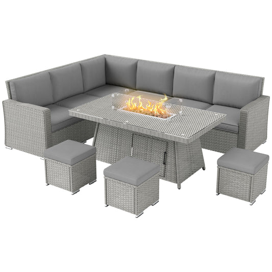 7 Pieces Rattan Garden Furniture Set w/ 50,000 BTU Fire Pit Table
