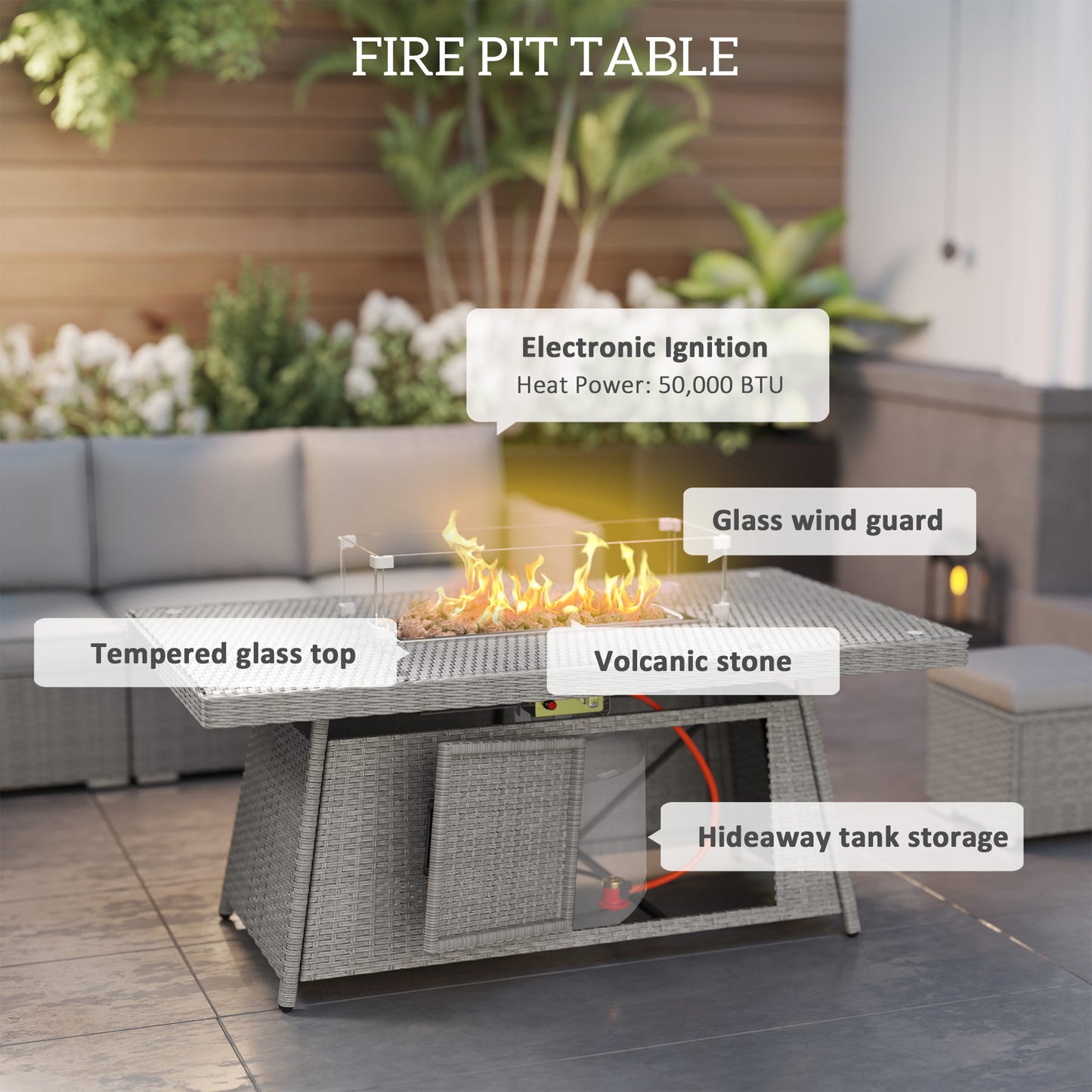 7 Pieces Rattan Garden Furniture Set w/ 50,000 BTU Fire Pit Table