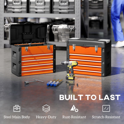 4 Drawers Large Tool Box, Steel Toolbox with Handle, Orange