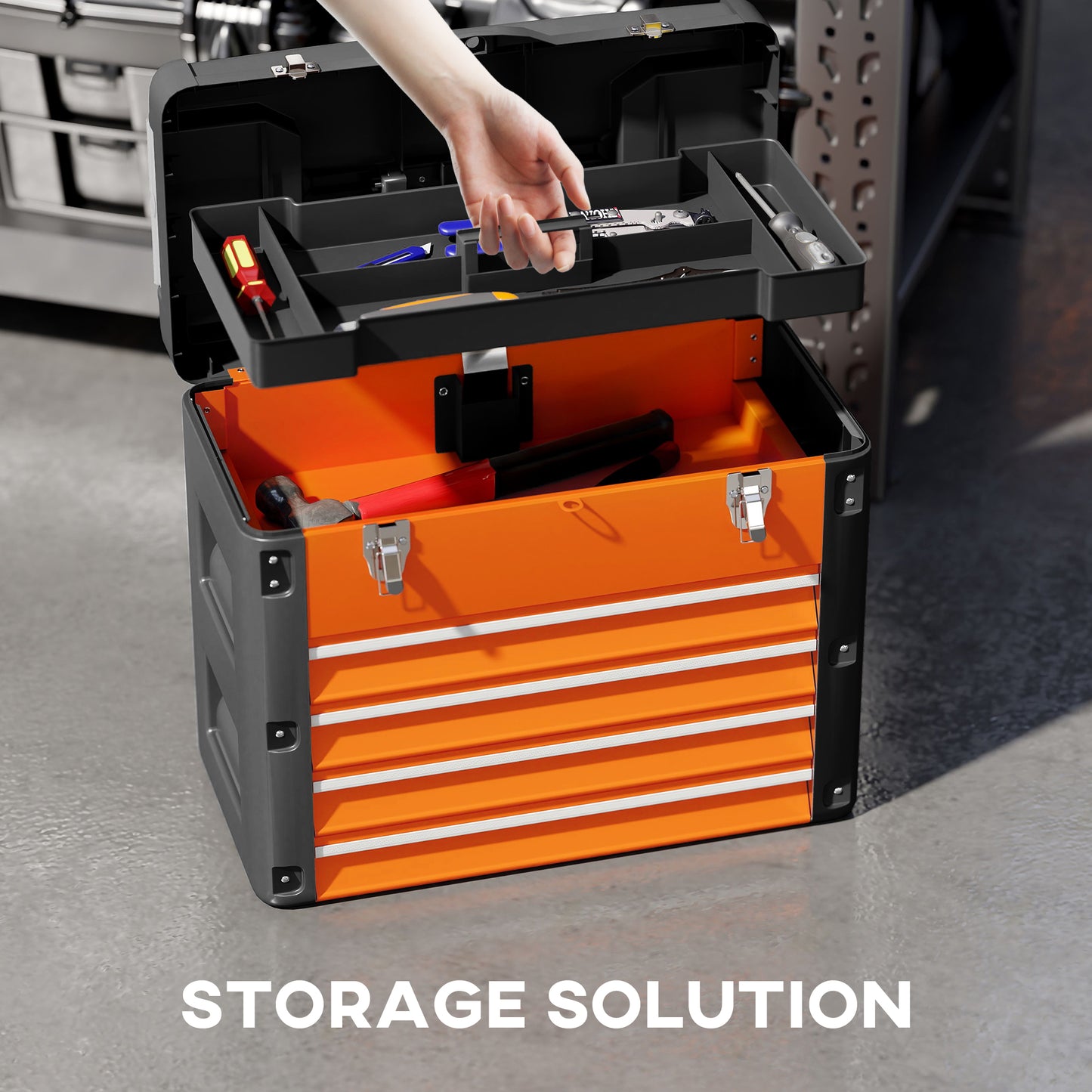4 Drawers Large Tool Box, Steel Toolbox with Handle, Orange