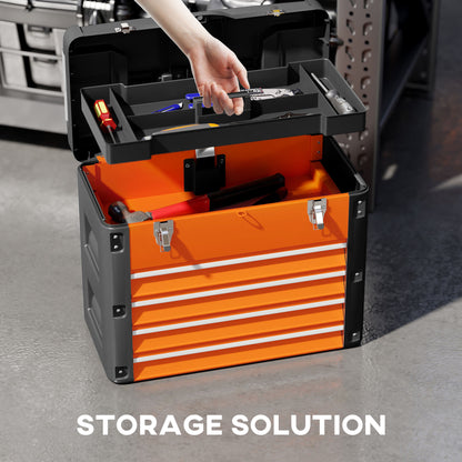 4 Drawers Large Tool Box, Steel Toolbox with Handle, Orange