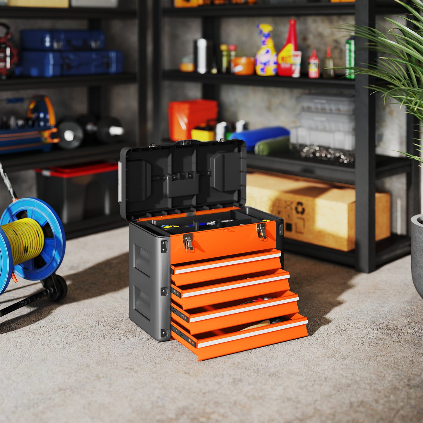 4 Drawers Large Tool Box, Steel Toolbox with Handle, Orange