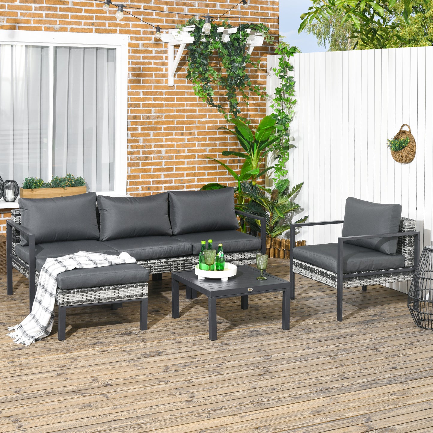 6 PCs Rattan Garden Furniture Set with Table, Cushion, Charcoal Grey
