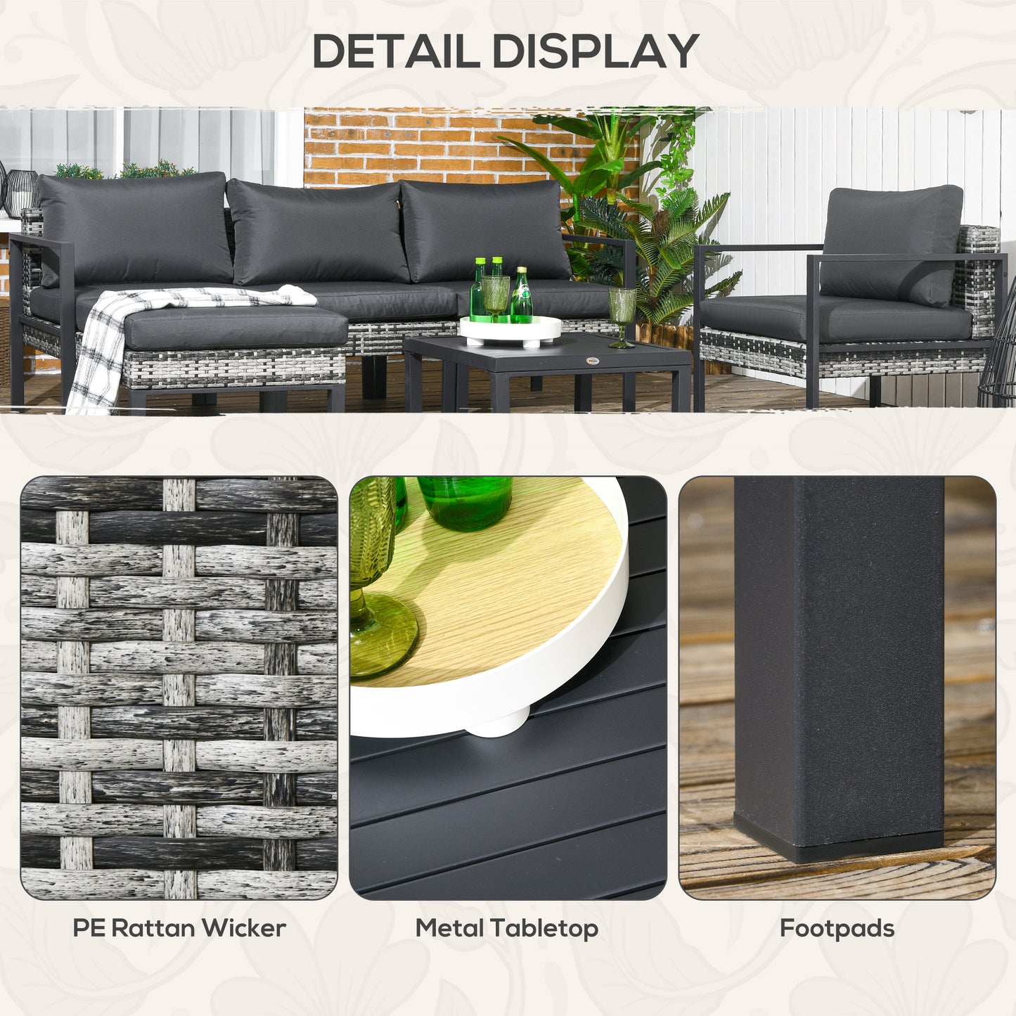 6 PCs Rattan Garden Furniture Set with Table, Cushion, Charcoal Grey
