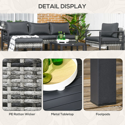 6 PCs Rattan Garden Furniture Set with Table, Cushion, Charcoal Grey