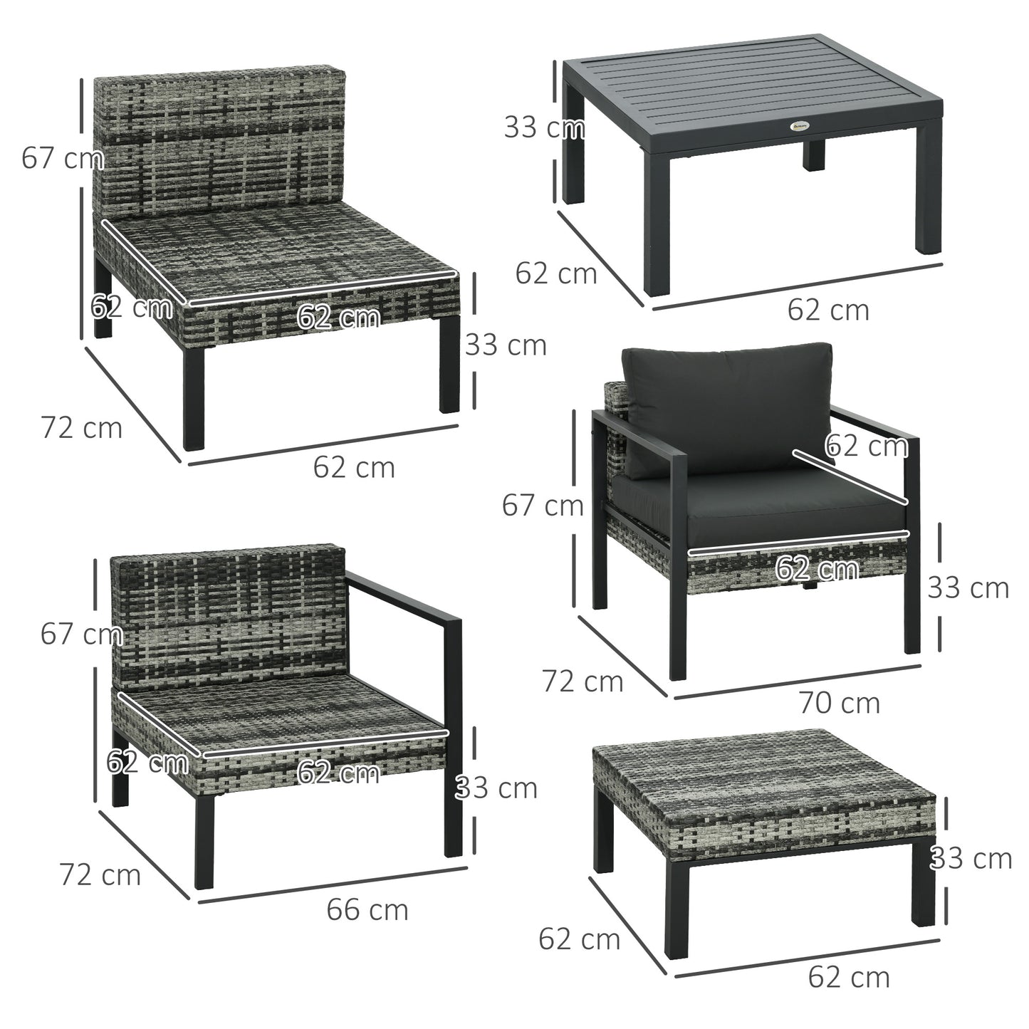 6 PCs Rattan Garden Furniture Set with Table, Cushion, Charcoal Grey
