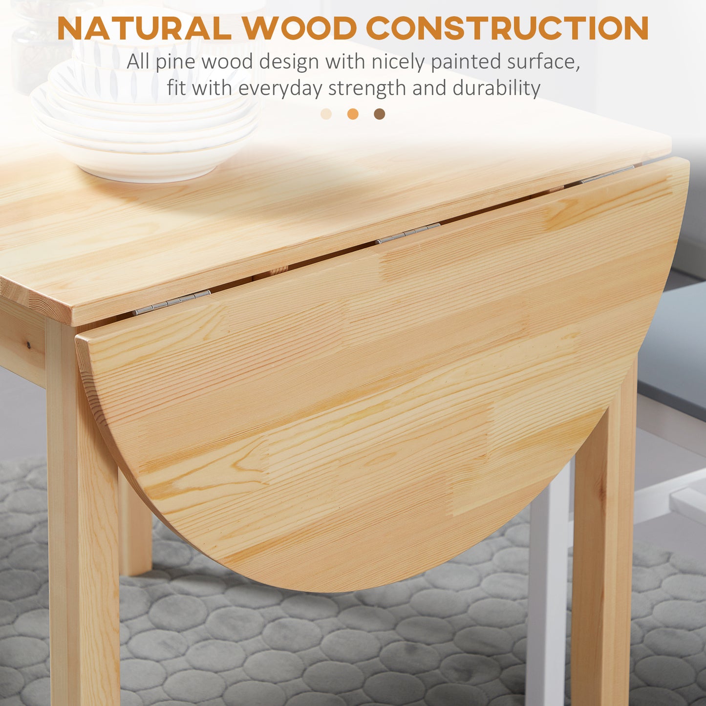Foldable Dining Table, Solid Wood Drop Leaf Table, Natural