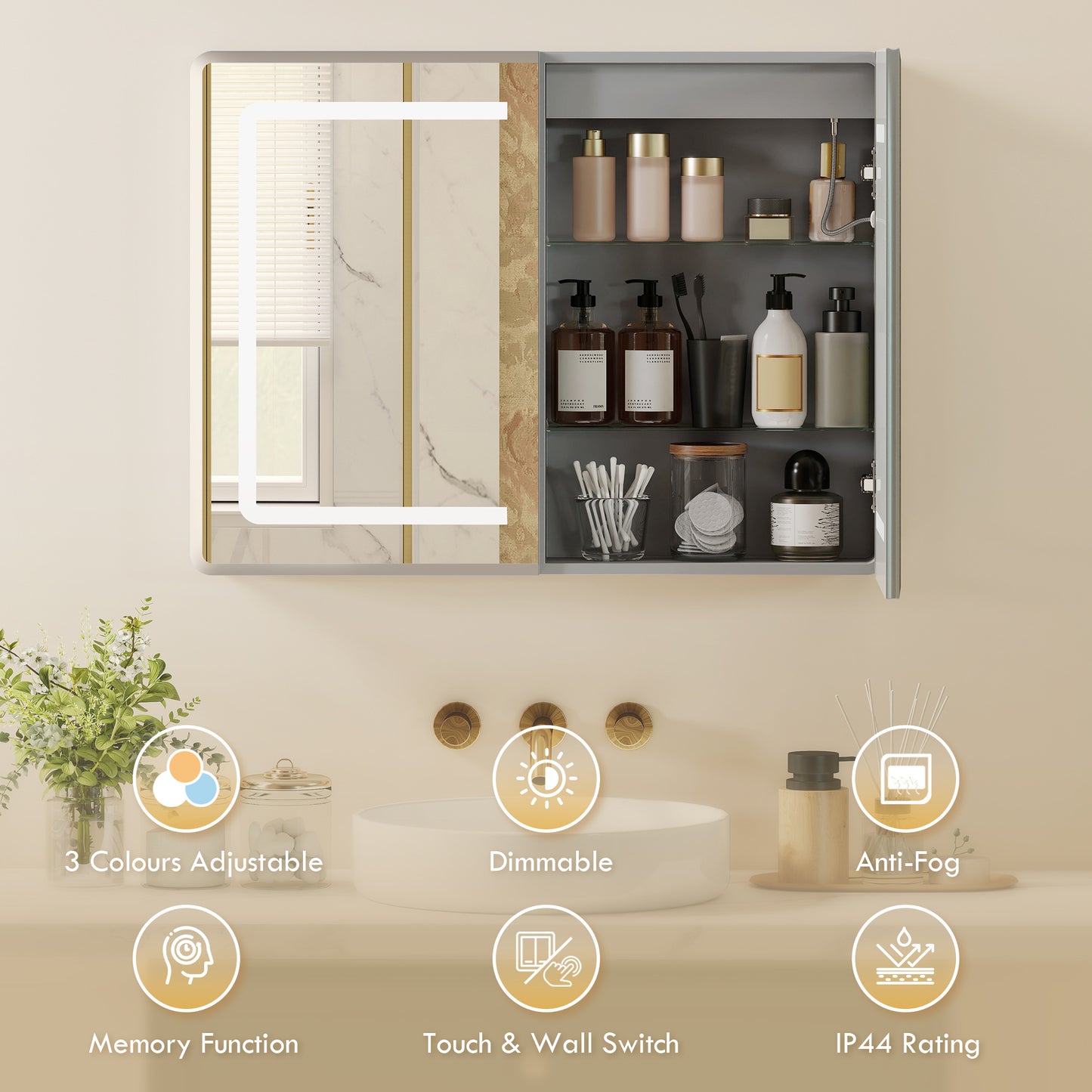 60 x 80 cm LED Bathroom Mirror Cabinet with Double-Sided Mirrors