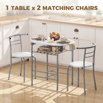 Dining Table and Chairs Set 3, Breakfast Bar Table and 2 Chairs with Storage Shelf, Marble-Effect Tabletop, Metal Frame, Dining Room Set for Living Room, Small Space, White