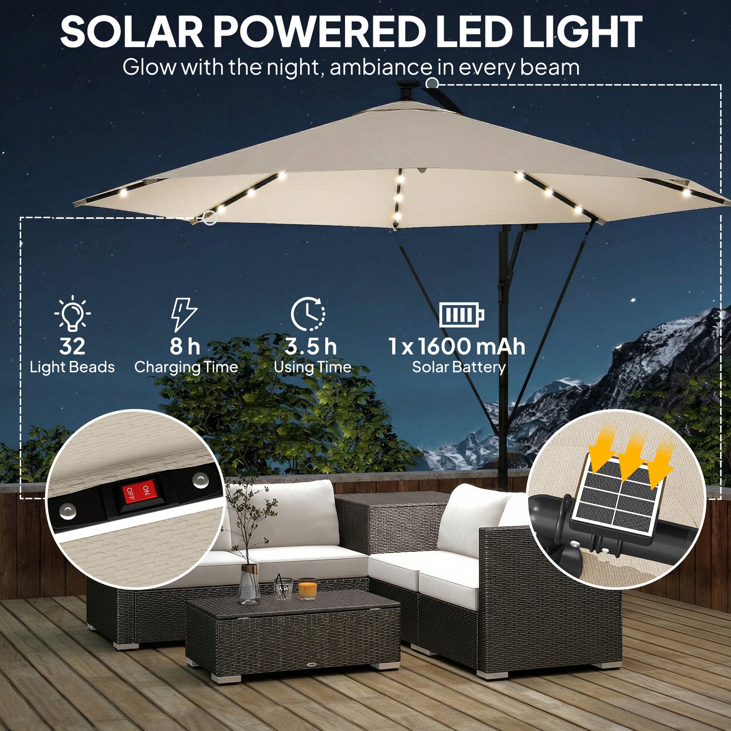 3 m Cantilever Parasol Solar LED Lights, Cream White