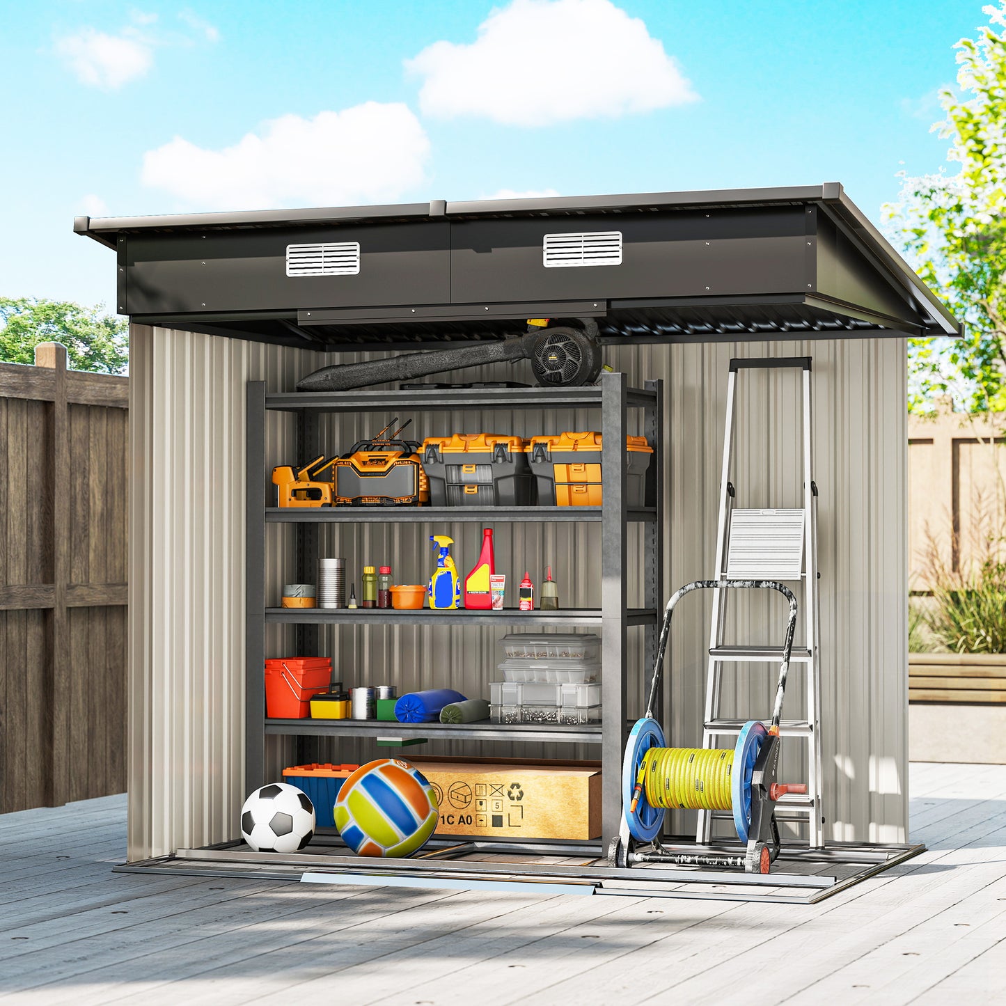 7 x 4ft Outdoor Storage Shed with Foundation Kit, Lean to Metal Garden Shed for Log, Rubbish Bin, Tool, Lawnmower, Bike, Patio Use, Light Grey Wood Effect