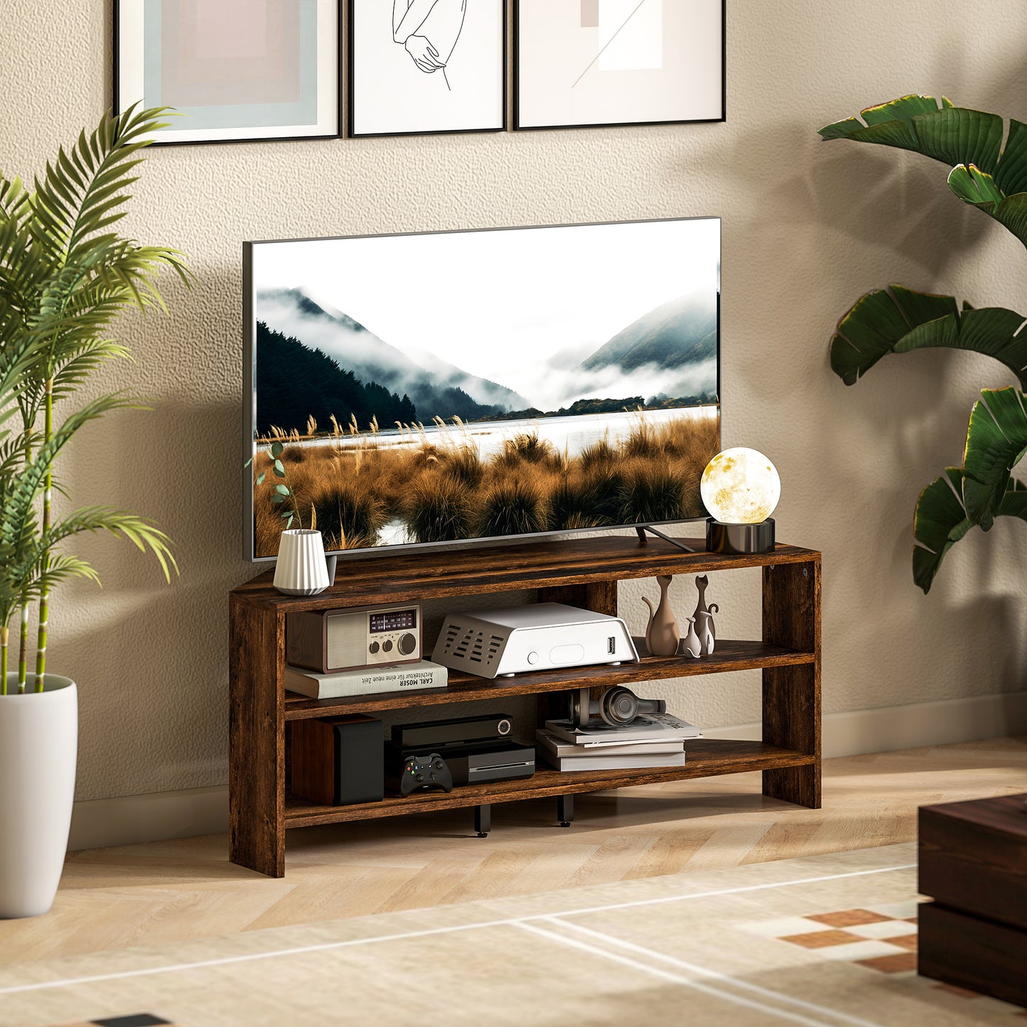 Corner TV Stand, TV Unit with Open Shelves for 47 Inch TV, Brown