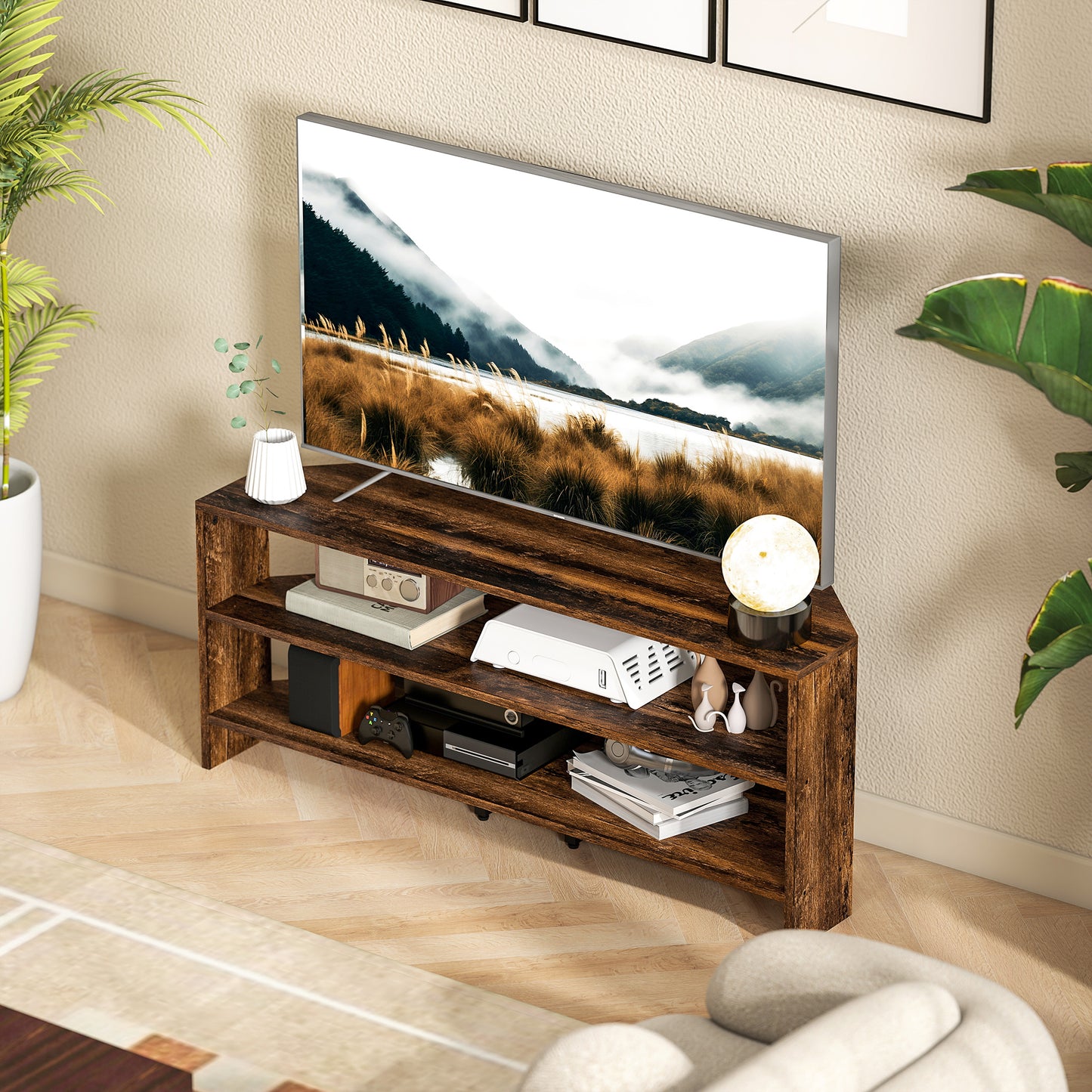 Corner TV Stand, TV Unit with Open Shelves for 47 Inch TV, Brown