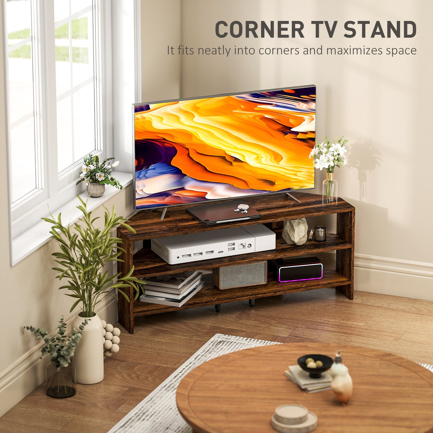 Corner TV Stand, TV Unit with Open Shelves for 47 Inch TV, Brown