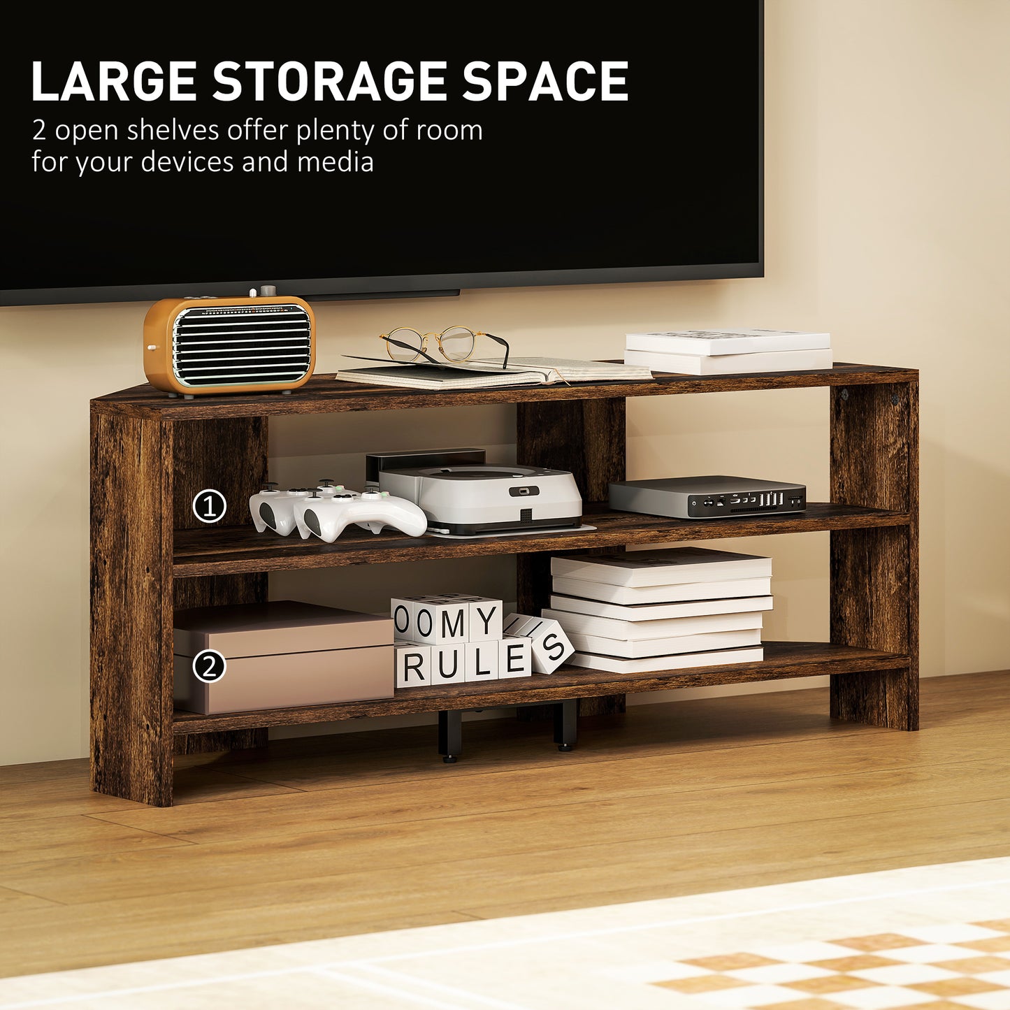 Corner TV Stand, TV Unit with Open Shelves for 47 Inch TV, Brown